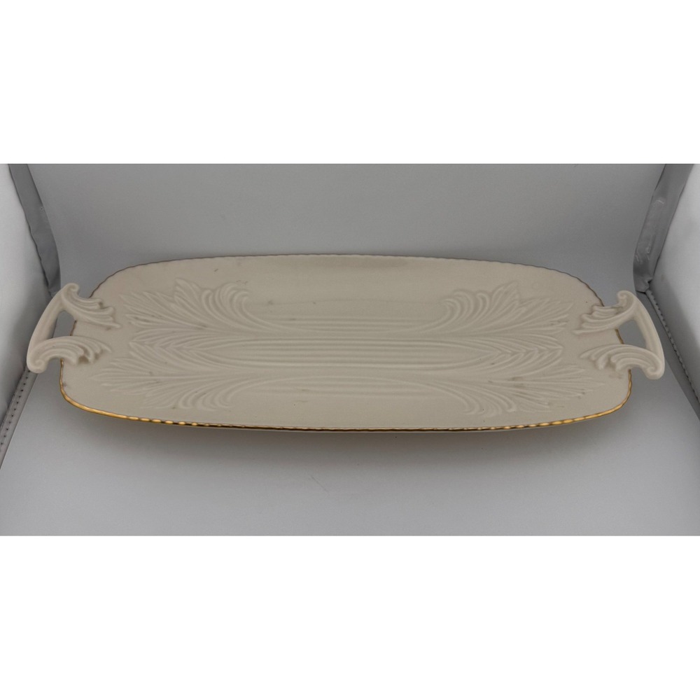 Lenox Cream Gold Rimmed Oval Serving Tray Embossed Floral‎ Design Handles